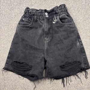 CROPP Women's Black Distressed Paperbag Waist Denim Shorts Sz 32 XxL